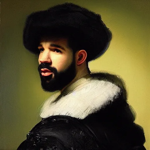 Prompt: “A portrait painting of Drake by Rembrandt van Rijn”