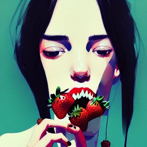 Image similar to a ultradetailed beautiful portait panting of a stylish woman with a strawberry in her mouth, by conrad roset, greg rutkowski and makoto shinkai, trending on artstation