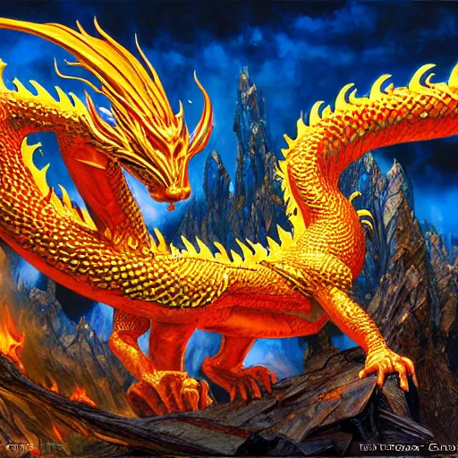 Image similar to Smaug the golden fire dragon hoarding his gold and shiny gems by Mark Brooks, Donato Giancola, Victor Nizovtsev, Scarlett Hooft, Graafland, Chris Moore