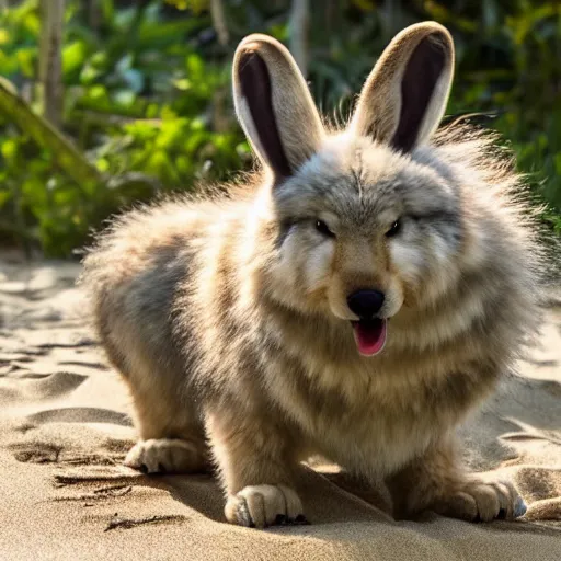Image similar to a photorealistic adorable fierce furry monster with long fur long floppy rabbit ears chubby body and wolf body and wolf legs with thick stubby claws, Smiling at the camera with a mischievous grin, happy lighting, at a tropical beach