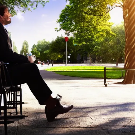 Image similar to A businessman is sitting on a bench eating lunch in a park. Behind him is a tall ladder looming over him, shadows, realistic, 4k