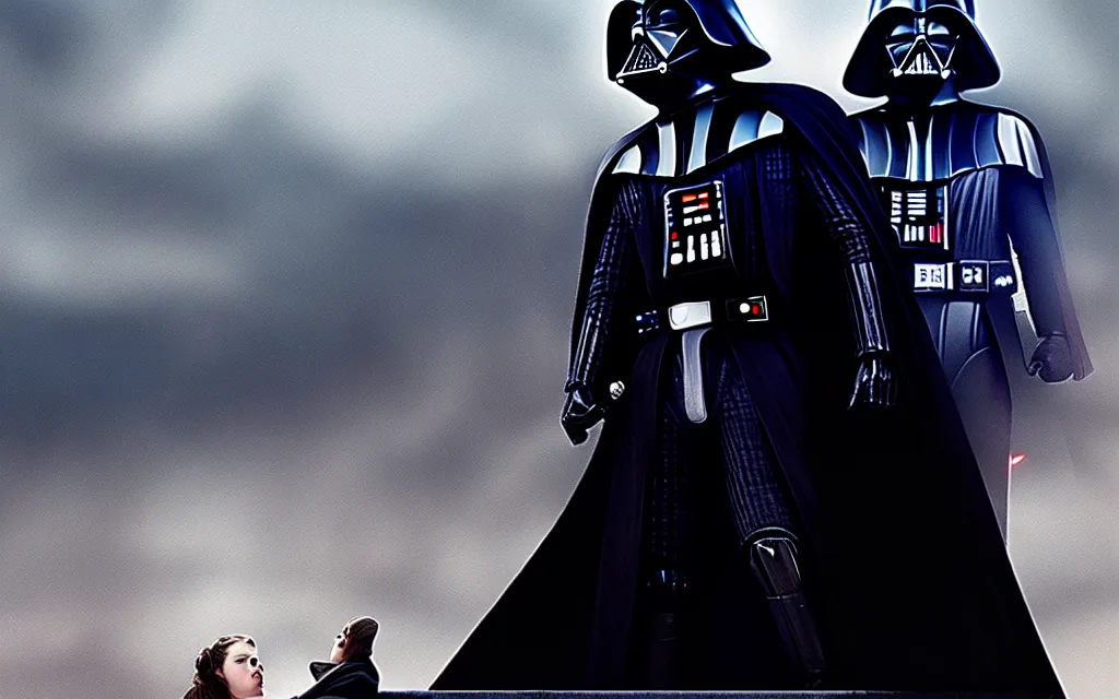 Image similar to darth vader and kristen stewart staying together in front of, on the background star destroyer landed on the wood ground, romantic poster for the twillight movie