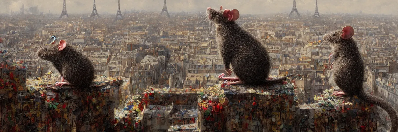 Prompt: a rat sitting on a roof in paris, bright colorful, artstation trending, world renowned artists, worth1000.com, historic artworks society, antique renewel, cgsociety, by greg rutkowski, by Gustave Dore, Deviantart