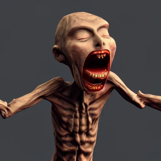 Prompt: a white skinned 3d render of a skinny humanoid with long arms vampire that is angry and screaming, mid-view, long arms, hands on face, big eyes, dark background, smokey, ultra 4k