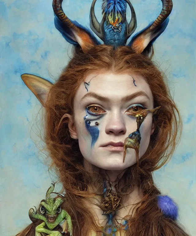 Prompt: a portrait photograph of a meditating fierce sadie sink as a colorful harpy antilope super villian with slimy blue skin with reptilian scales. her body is transforming into an beast. by donato giancola, hans holbein, walton ford, gaston bussiere, peter mohrbacher and brian froud. 8 k, cgsociety, fashion editorial