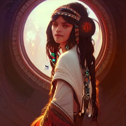 Image similar to a beautiful indigenous girl, fantasy, intricate, elegant, highly detailed, digital painting, artstation, concept art, matte, sharp focus, illustration, art by Artgerm and Greg Rutkowski and Alphonse Mucha