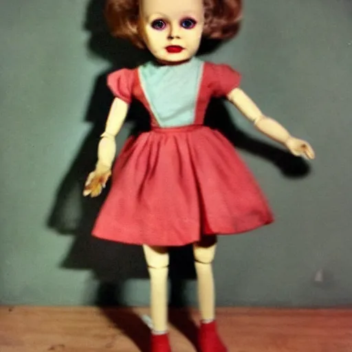 Prompt: 1 9 5 0 s, evil children toys, coming to life, doll phobia, horror, jump scare, polaroid,