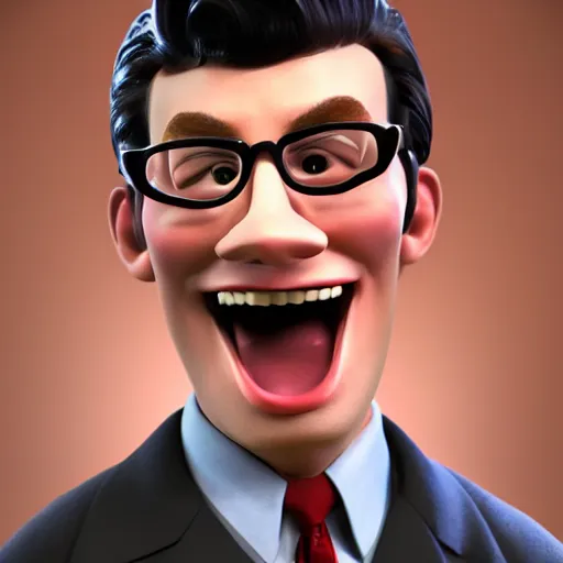 Prompt: Hugh Neutron dressed as Buddy Holly, realistic, hyperrealistic, 8k resolution, highly detailed, digital art, 3D render, studio lighting, dramatic lighting