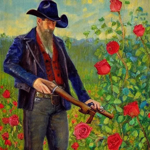 Image similar to an impressionist painting of a tall man with blue eyes that is wearing a cowboy hat and a leather vest. He is holding a revolver in his left hand and a rose is in his right hand. He is standing in a field of roses.