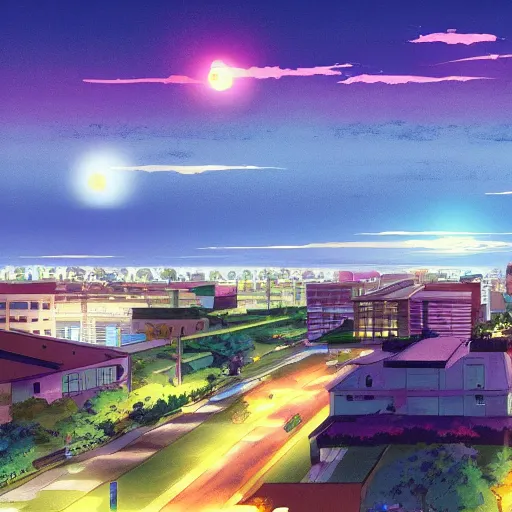 Image similar to modern anime still of an overview of a small coastal Florida town at night, downtown in the distance, key anime visuals