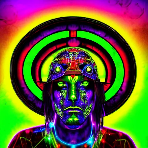 Prompt: neon shaman warrior, technology, digital art, visionary art