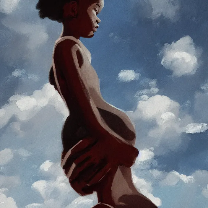 Image similar to a painting of a girl by Kara Walker. details, smooth, sharp focus, illustration, realistic, cinematic, artstation, award winning, rgb , unreal engine, octane render, cinematic light, macro, depth of field, blur, red light and clouds from the back, highly detailed epic cinematic concept art CG render made in Maya, Blender and Photoshop, octane render, excellent composition, dynamic dramatic cinematic lighting, aesthetic, very inspirational, arthouse.