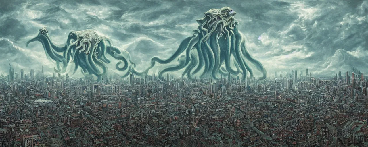 Image similar to Cthulhu rising in the sky above city, Christensen James C