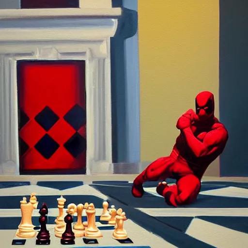 Image similar to painting of daredevil pondering next to a chess set, octane, painting by greg ruthowski, artstation, marvel