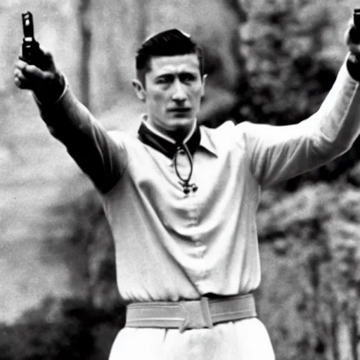 Image similar to robert lewandowski pointing a gun at john paul ii