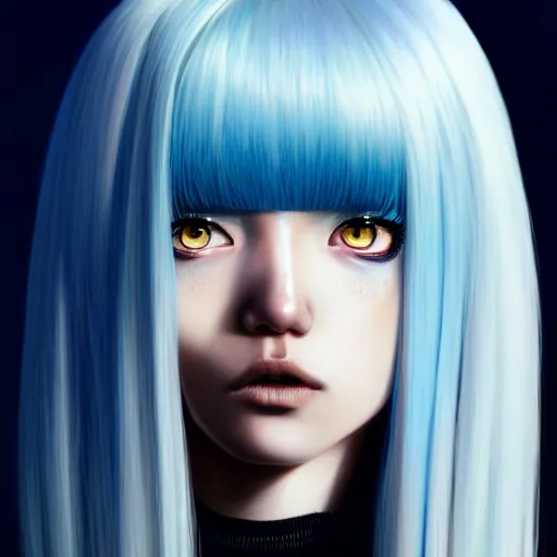 Image similar to full face shot of rimuru tempest, sky blue straight hair, long bangs, with amber eyes, wearing a black jacket, high collar, ultra detailed, concept art, award winning photography, digital painting, cinematic, wlop artstation, closeup, pixiv, evil, yoshitaka amano, andy warhol, ilya kuvshinov,