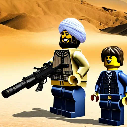 Prompt: lego set of osama bin laden wearing a white turban holding an rpg in afghanistan desert