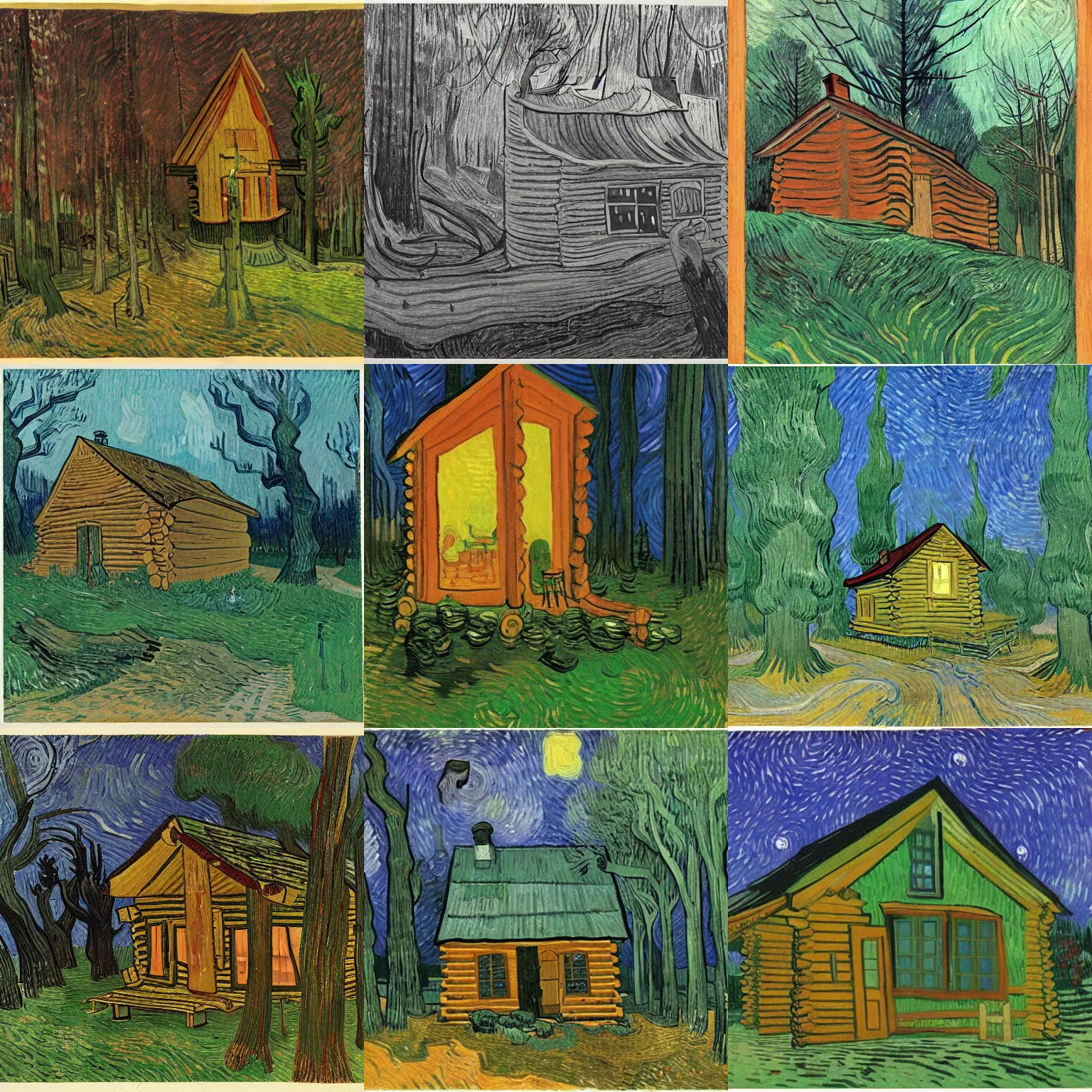 Prompt: [ a log cabin in the forest ] [ van gogh ] [ charles addams ]