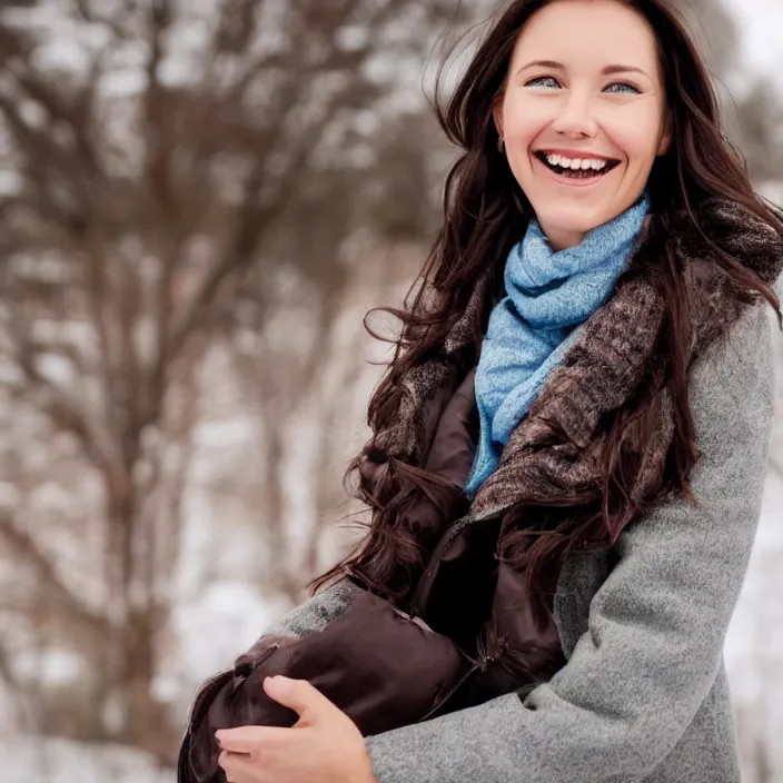 Prompt: a beautiful girl from minnesota, brunette, joyfully smiling at the camera slightly opening her eyes. thinner face, irish genes, dark chocolate hair colour, wearing university of minneapolis coat, perfect nose, morning hour, plane light, portrait, minneapolis as background. healthy, athletic, in her early 3 0