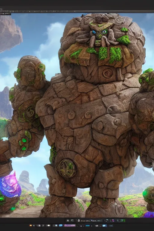 Image similar to zelda fantasy art giant golem troll wood rock greeble gemstone, global illumination ray tracing hdr fanart arstation by sung choi and eric pfeiffer and gabriel garza and casper konefal