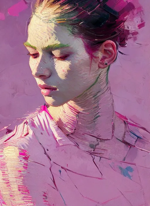 Prompt: portrait of a beautiful girl, eyes closed, open mouth, shades of pink, beautiful face, rule of thirds, intricate outfit, spotlight, by greg rutkowski, by jeremy mann, by francoise nielly, by van gogh, digital painting