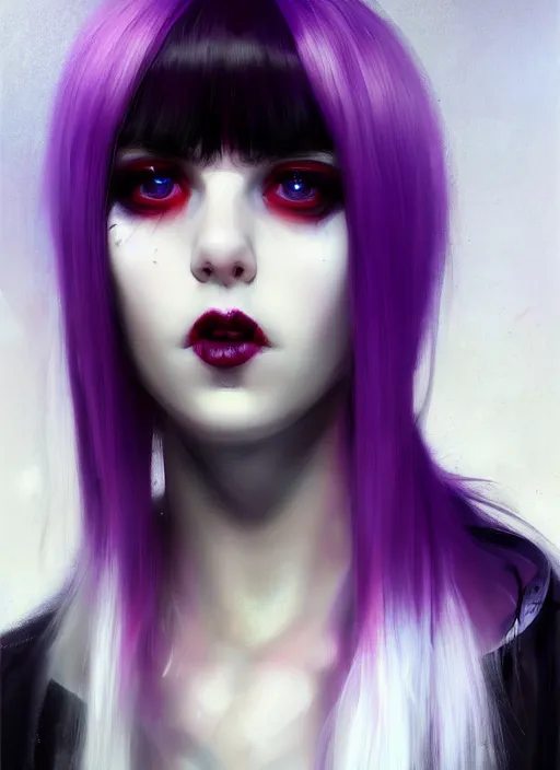 Image similar to portrait of white teenage girl, normal face, white bangs, mall goth, cyberlox, black and white hair, bangs, fluffy bangs, red contact lenses, purple lipstick, intricate, elegant, highly detailed, digital painting, artstation, concept art, sharp focus, smooth, illustration, art by wlop, mars ravelo and greg rutkowski