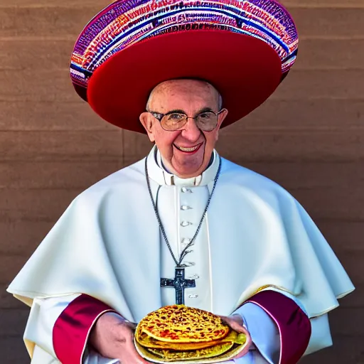 Image similar to pope john paul the 2 nd wearing a sombrero holding a taco, ( sony a 7 r iv, symmetric balance, polarizing filter, photolab, lightroom, 4 k, dolby vision, photography awardm, voque, perfect face )