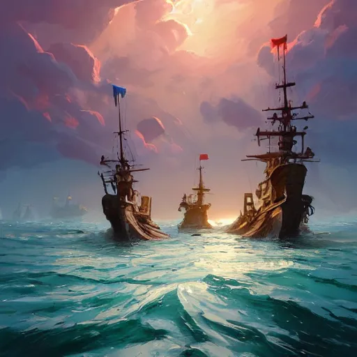 Image similar to two large pirates ship floating on top of a body of water at sunset, fighting each other, pirates flag , cgsociety, fantasy art, 2d game art, concept art , ambient occlusion, bokeh, behance hd , concept art by Jesper Ejsing, by RHADS, Makoto Shinkai Cyril Rolando