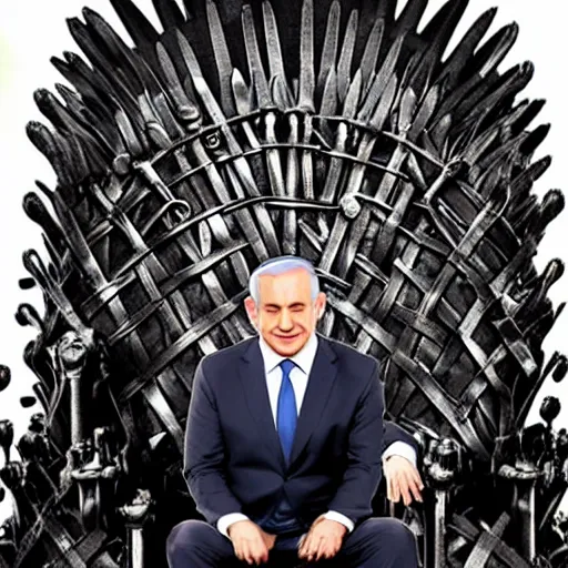 Image similar to “Benjamin Netanyahu sitting on the iron throne, 4k, award winning, Digital art, scene from game of thrones”