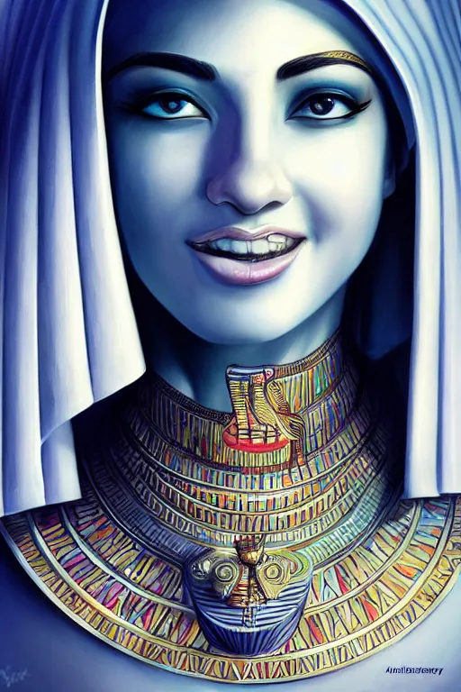 Prompt: a highly detailed beautiful portrait of a egyptian god with facial expression : happy in the style of artgerm.