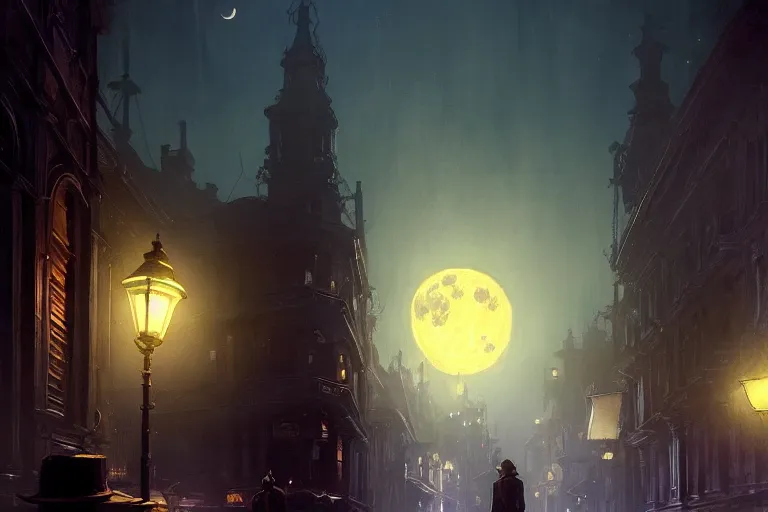 Image similar to an victorian city, scene in the night with a tentacle horror in the sky. full moon, 1 8 9 0, key visual, conceptart, ambient lighting, highly detailed, digital painting, artstation, concept art, sharp focus, by makoto shinkai and akihiko yoshida and greg manchess