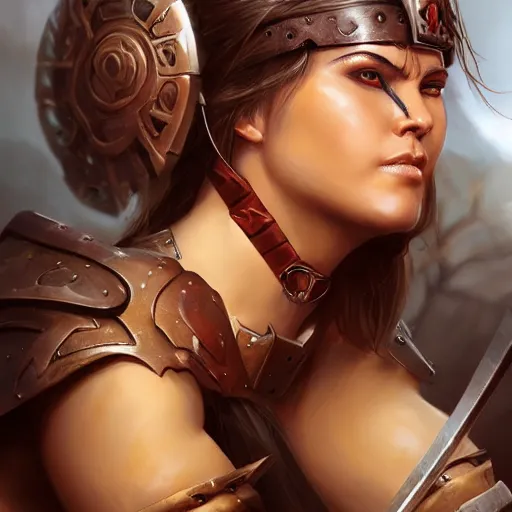 Prompt: female barbarian warrior woman , Stanley Artgerm Lau ,Boris Vallego , Julie Bell , digital art, artstation, portrait , rule of thirds