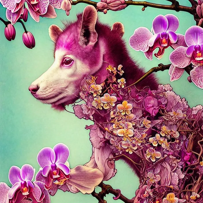 Image similar to psychedelic animal made of orchid and cherry blossom tree, diffuse lighting, fantasy, intricate, elegant, highly detailed, lifelike, photorealistic, digital painting, artstation, illustration, concept art, smooth, sharp focus, art by John Collier and Albert Aublet and Krenz Cushart and Artem Demura and Alphonse Mucha and Giuseppe Arcimboldo