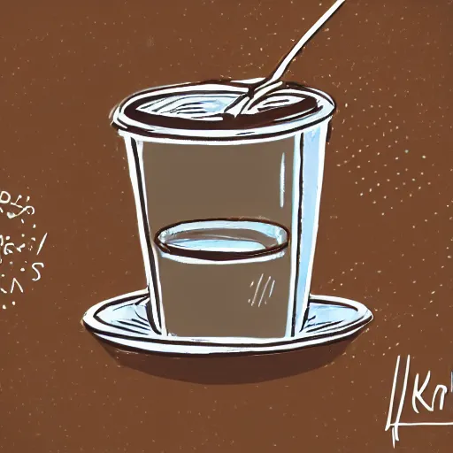 Image similar to a hand drawn illustration of a living box of KD holding a cup of coffee