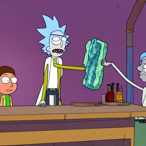 Image similar to Rick and Morty in Ancient Greece, mining a meth crystals, very detail 4K quality super realistic