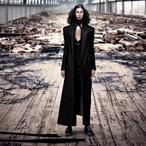 Image similar to robot runway model, hyper detailed ultrasharp beautiful, robotic face, long curly hair, wearing a long tan coat, high fashion, haute couture, cluttered abandoned warehouse environment, dramatic lighting, octane render, 8 k