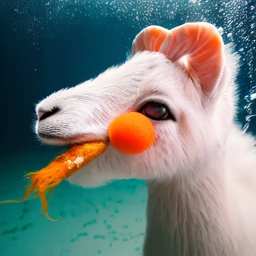 Image similar to Underwater shot of a baby goat’s head eating a carrot, water bubbles, particulate, extremely detailed, studio lighting
