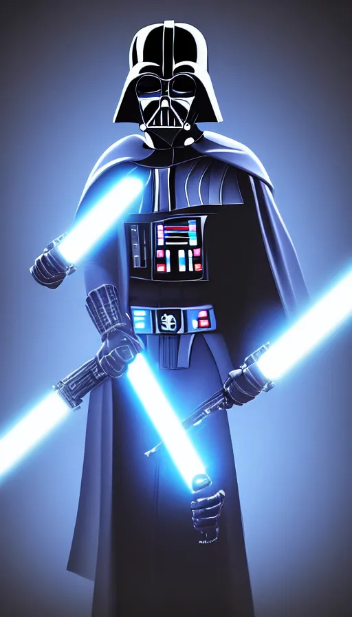 Prompt: A blue colored Darth Vader suit holding a blue lightsaber, 4k, dark background, 3d, full body image,