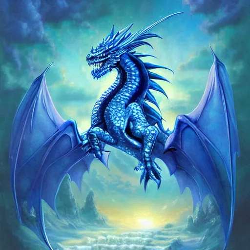 Prompt: beautiful blue dragon, by thomas kinkade