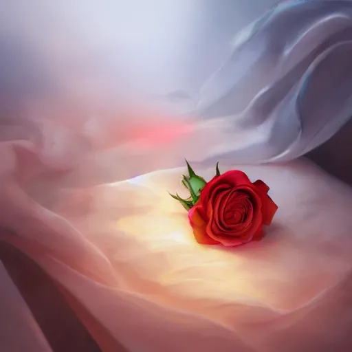 Image similar to a Rose lying on silk cloth, fog, volumetric lighting, intricate, elegant, highly detailed, digital painting, concept art, smooth, sharp focus, illustration, trending on artstation