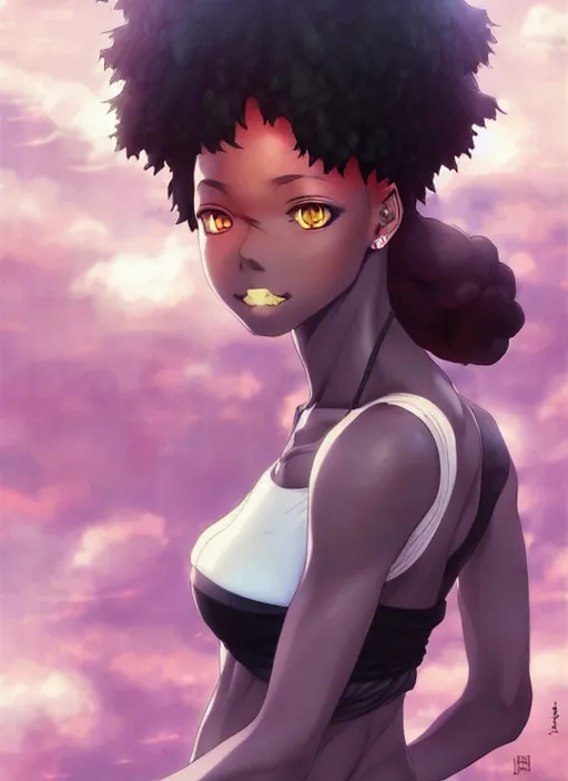 Image similar to beautiful city black woman only, anime style only, scenery wallpaper aesthetic, pastel colors only, symmetrical face and full body, cinematic, dramatic, joyful, super detailed and intricate, hyper realistic, by artgerm, by kyoung hwan kim, by ralph mcquarrie, by yoshiyuki tomino