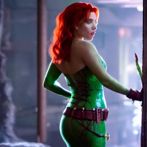 Prompt: stunning awe inspiring scarlett johansen as poison ivy, movie still 8 k hdr atmospheric lighting