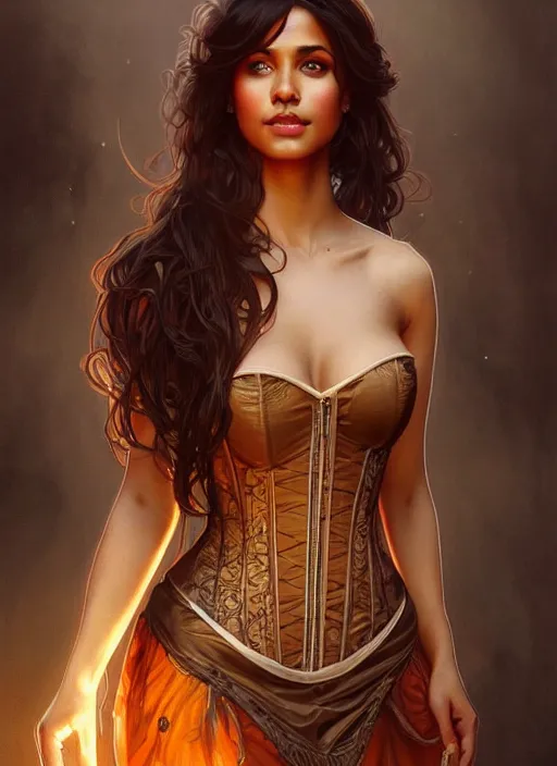 Image similar to cute brown woman wearing a translucent corset dress, fantasy, intricate, highly detailed, digital painting, artstation, concept art, wallpaper, smooth, sharp focus, illustration, art by artgerm and greg rutkowski and alphonse mucha