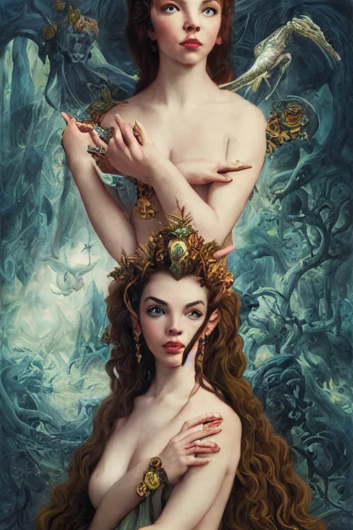 Image similar to A fantasy comic book style portrait painting of Anya Taylor-Joy, Elizabeth Taylor, hybrid, as an Atlantean Reptilian Warrior, François Boucher, Oil Painting, Mystical Valkyrie, unreal 5, DAZ, hyperrealistic, octane render, Regal, Refined, Detailed Digital Art, RPG portrait, William-Adolphe Bouguereau, Michael Cheval, Walt Disney (1937), Steampunk, dynamic lighting, Highly Detailed, Cinematic Lighting, Unreal Engine, 8k, HD