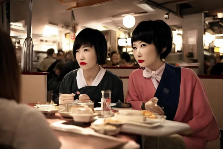 Image similar to movie interior closeup beautiful Japanese model lesbian couple closeup sitting and talking at 50s diner, night in the city, beautiful skin, by Emmanuel Lubezki