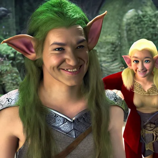 Prompt: photorealistic, beautiful smiling elf girl and laughing orcs, lord of the rings film