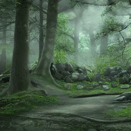 Prompt: a quiet secluded wooded area looking like a ritual site by Makoto Yukimura, digital art, unreal engine