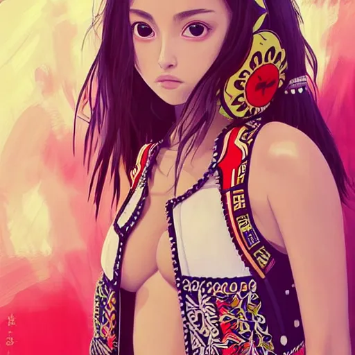 Image similar to a beautiful young japanese natalie portman alluring gravure model, stylized concept art, wearing elaborate oversized designer bomber jacket and one piece bikini, bulky bomber jacket with mesoamerican patterns, mesoamerican native street fashion, princess mononoke, painted by ilya kuvshinov aesthetic, gorgeous, stunning, alluring, attractive, artstation, pinterest, digital art