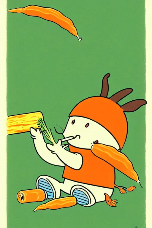 Image similar to by richard scarry. happy donkey eating a carrot. a 1 9 7 0 s retro illustration. studio ghibli. muted colors, detailed