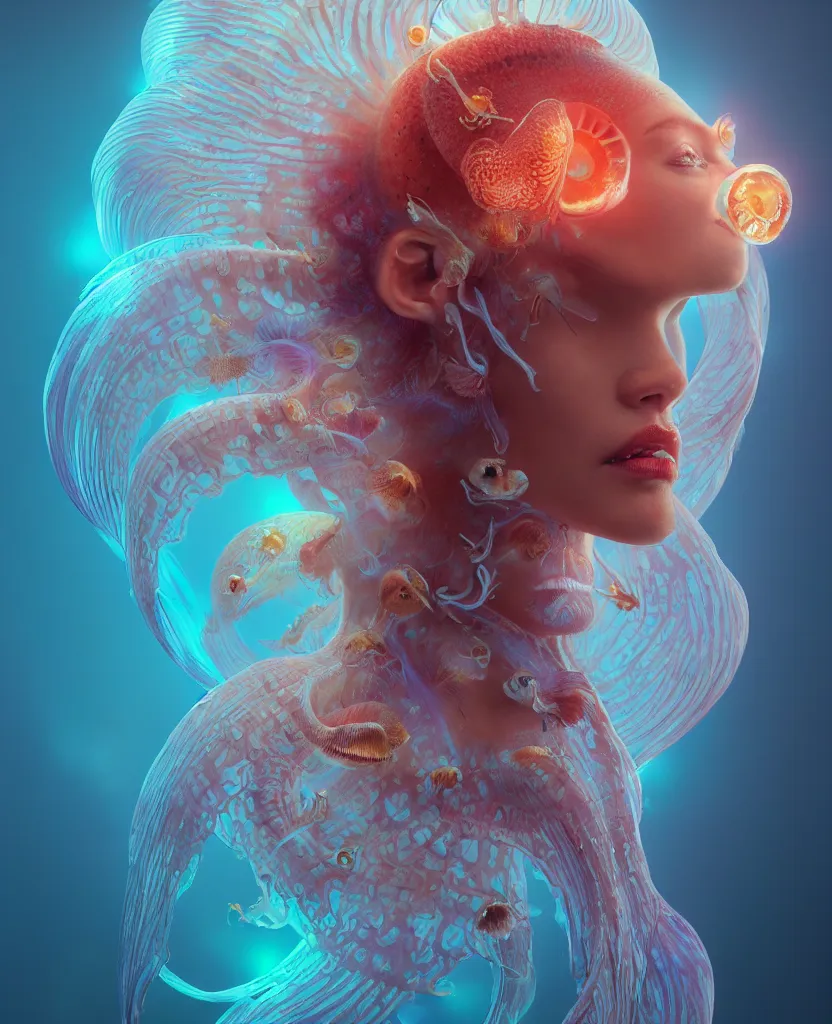 Image similar to goddess close-up portrait. chimera orchid jellyfish phoenix head, nautilus, skull, betta fish, bioluminiscent creatures, intricate artwork by Tooth Wu and wlop and beeple. octane render, trending on artstation, greg rutkowski very coherent symmetrical artwork. cinematic, hyper realism, high detail, octane render, 8k